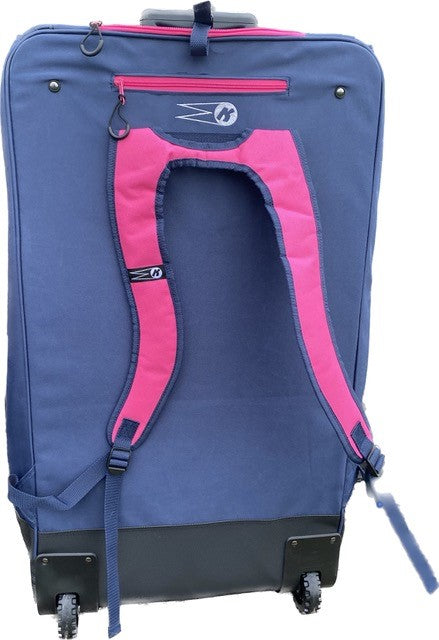 The Katchet KoachSak Duffle is a large blue rolling suitcase with bright pink rucksack handles, backpack-style straps on the back panel, water resistance, wheels, and a zippered pocket near the top.