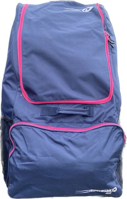 A spacious blue KoachSak Duffle by Katchet with pink trim, mesh side pockets, rucksack handles, and "MORRISSAK PRO" in white at the lower right. Its water-resistant build keeps your gear safe while on the move.