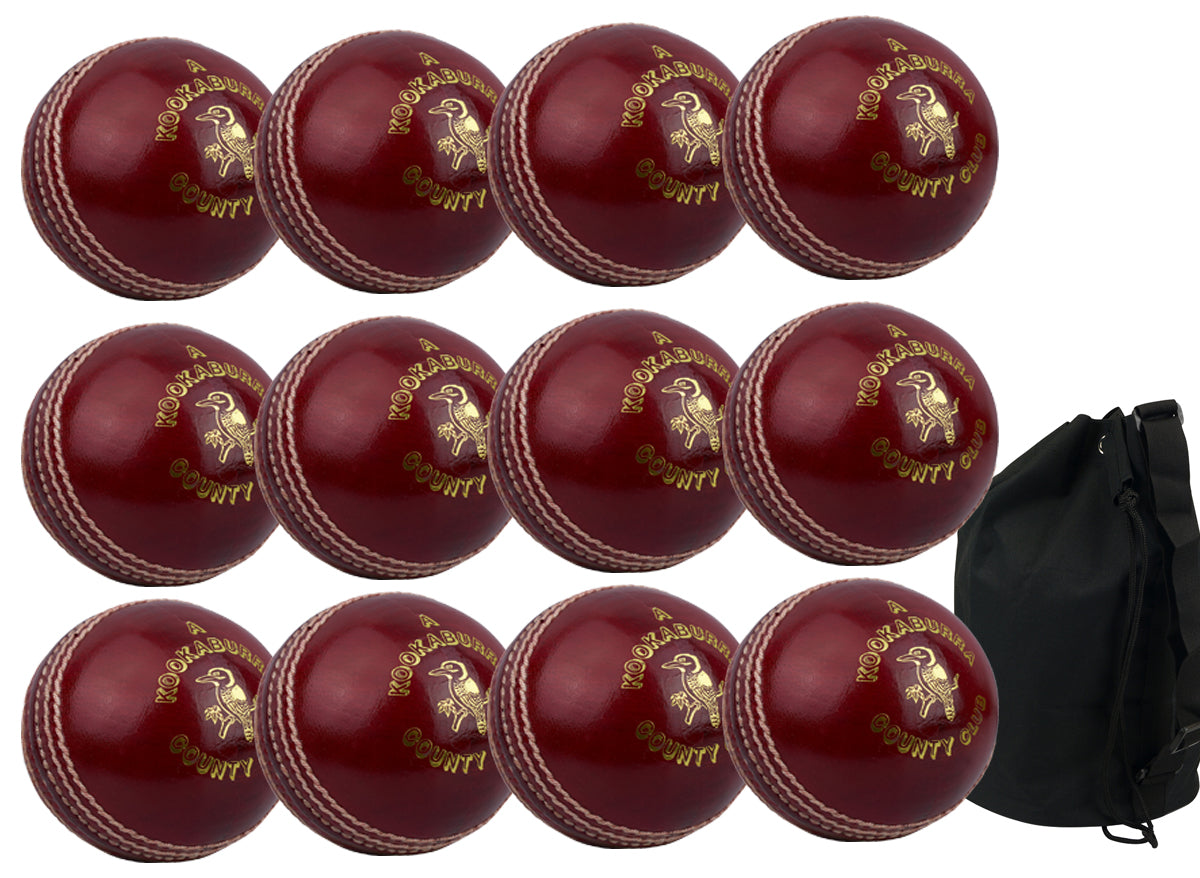 The Kookaburra County Club Red 12 Pack With Ball Bag shows a dozen red Kookaburra cricket balls with gold logo and text arranged in rows beside a black ball bag on a white background.