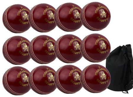 The Kookaburra County Club Red 12 Pack With Ball Bag shows a dozen red Kookaburra cricket balls with gold logo and text arranged in rows beside a black ball bag on a white background.