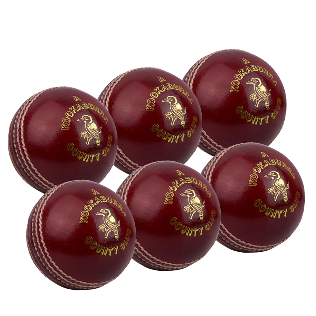 Six Kookaburra County Club Red cricket balls with white stitching and gold branding are neatly arranged in two rows on a white background.
