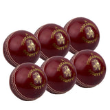 Six Kookaburra County Club Red cricket balls with white stitching and gold branding are neatly arranged in two rows on a white background.