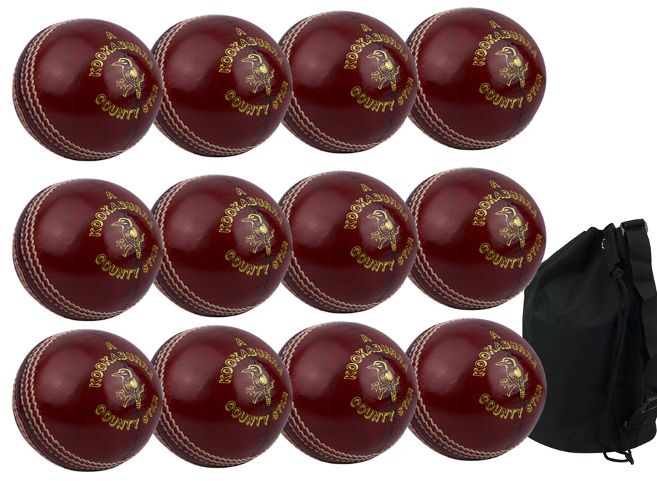 The Kookaburra County Star Red 12 Pack with Ball Bag includes twelve red cricket balls and a black bag, all from Kookaburra.