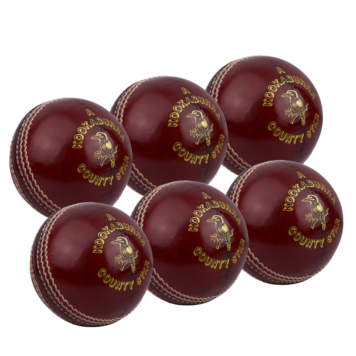 The Kookaburra County Star Red 6 Pack cricket balls, with white stitching and gold branding, are displayed in two rows against a crisp white background.