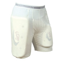 Kookaburra Protective Shorts With Padding by Kookaburra feature a gray waistband, built-in thigh guard, and cricket padding. These breathable shorts provide comfortable protection for players’ thighs and hips.