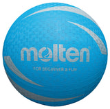 The Molten Multi-Sports Ball is a blue textured rubber ball with white curved stripes and "Molten" printed on it, ideal for practice or play thanks to its soft touch—perfect for beginners and multi-sport use.