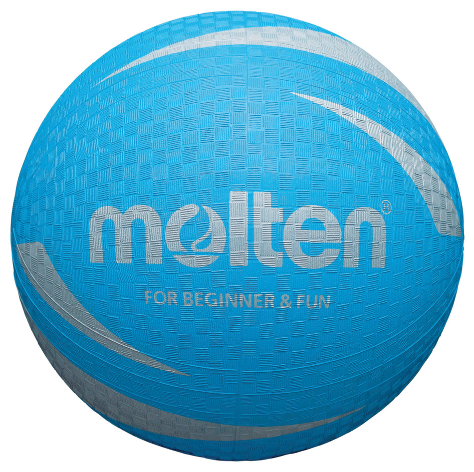 The Molten Multi-Sports Ball is a blue textured rubber ball with white curved stripes and "Molten" printed on it, ideal for practice or play thanks to its soft touch—perfect for beginners and multi-sport use.