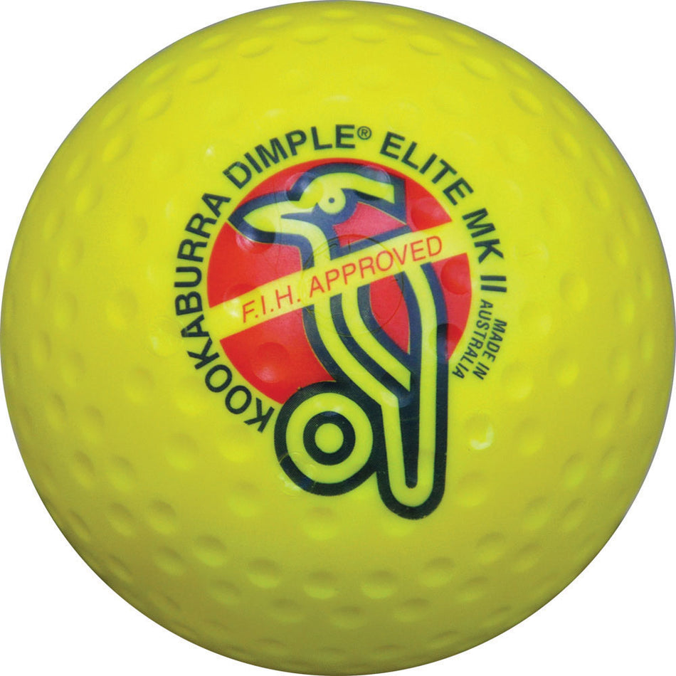 The white Kookaburra Dimple Elite Hockey Ball features a dimpled surface, F.I.H. Approved text, and a black and red bird logo—ideal for elite-level hockey play.