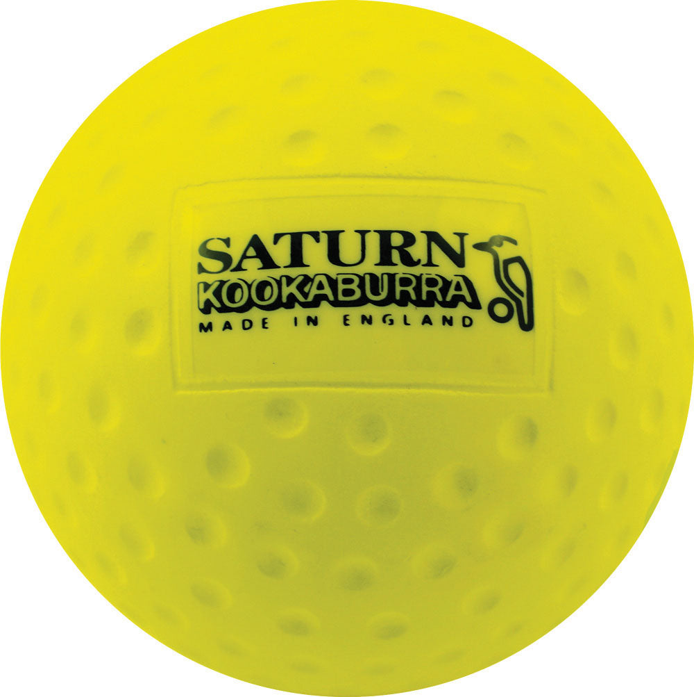 The yellow Kookaburra Dimple Saturn Hockey Ball features a dimpled surface, black branding and bird logo, making it ideal for training or school hockey matches.
