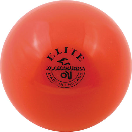 An orange Kookaburra Elite Indoor Hockey Ball with the brand name and a bird logo in black printed on its surface.