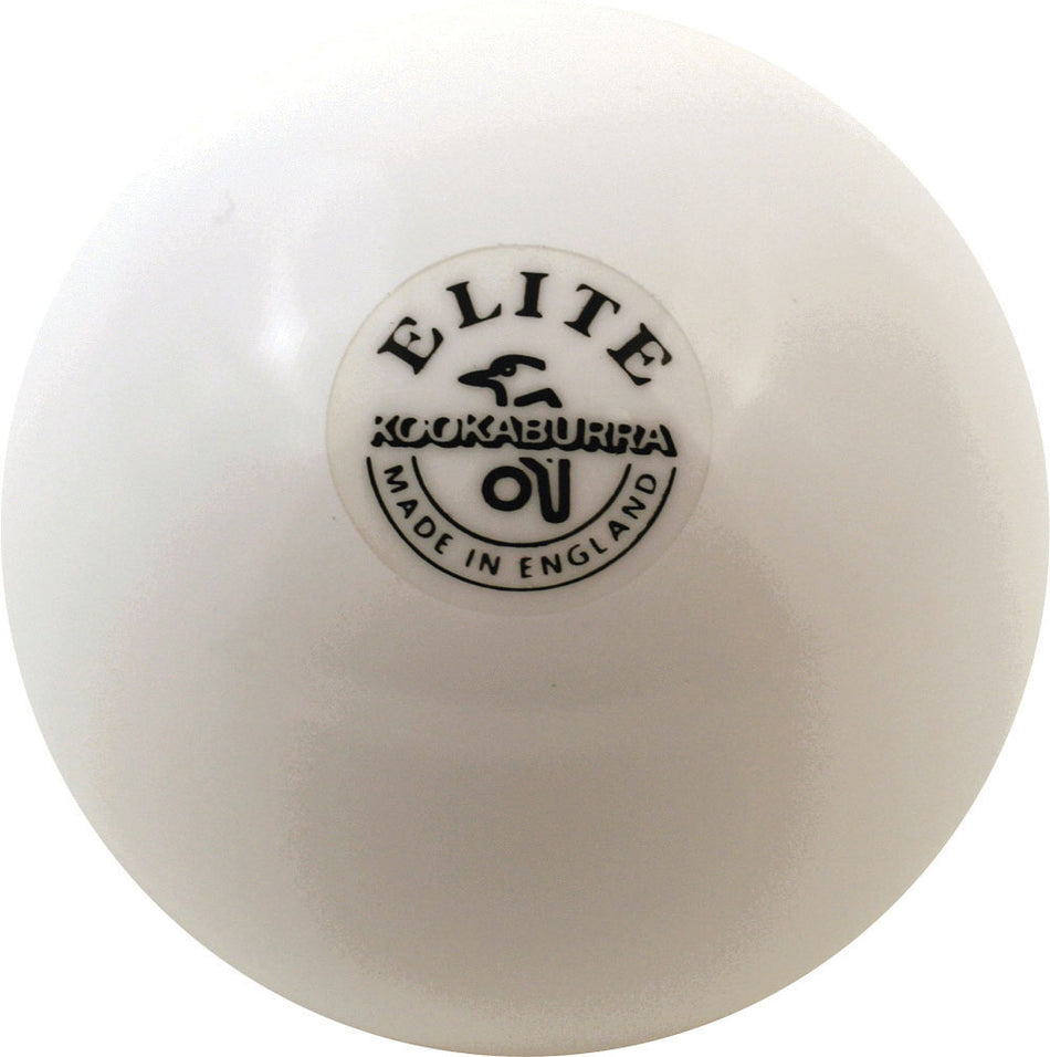 A white Kookaburra Elite Indoor Hockey Ball featuring the brand name and bird logo in black, designed for both match and practice use.