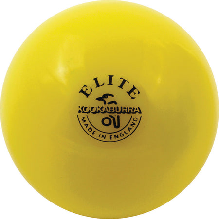 A bright yellow Kookaburra Elite Indoor Hockey Ball for practice, featuring "ELITE Kookaburra Made in England" and the iconic Kookaburra bird logo printed in black on the surface.