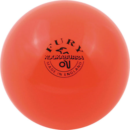 The Kookaburra Fury Mini Hockey Ball is a bright orange ball by Kookaburra with "Fury Kookaburra Made in England" and a bird logo printed in black, shown against a white background.