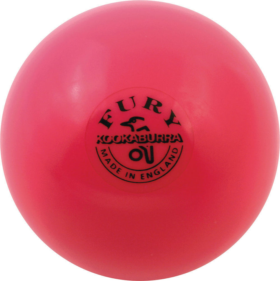 The Kookaburra Fury Mini Hockey Ball by Kookaburra is bright pink and features bold black "FURY KOOKABURRA MADE IN ENGLAND" text, shown against a white background.