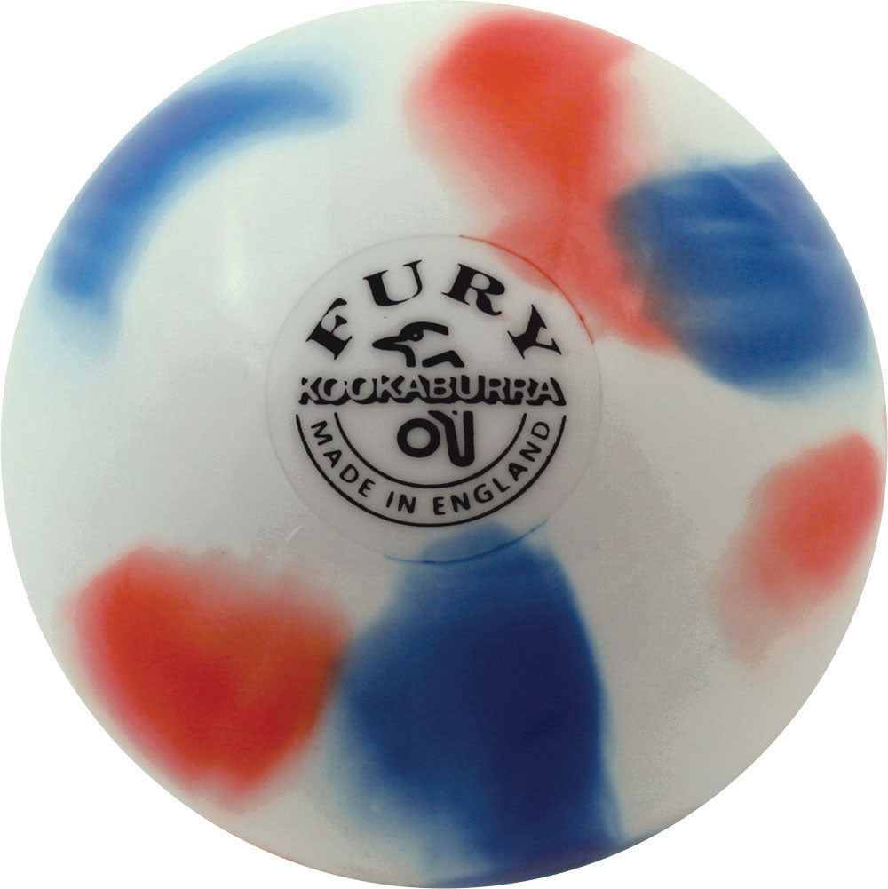 The Kookaburra Fury Mini Hockey Ball is a white ball with blue and red swirls, featuring "FURY," "KOOKABURRA," and "MADE IN ENGLAND" in black—colorful, lightweight, and ideal for practice or play.