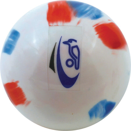The Kookaburra Burra Smooth Hockey Ball by Kookaburra features a swirl color pattern and a blue and black bird logo at the center, offering a smooth finish similar to a cricket ball.