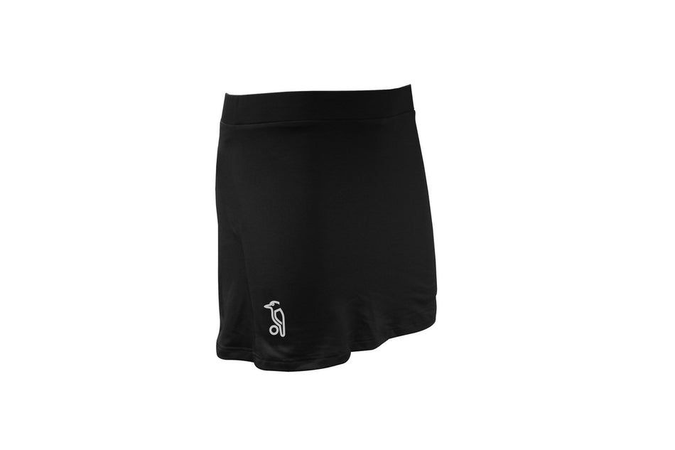The Kookaburra Minerva Skort by Kookaburra is a plain black performance skort with a wide waistband and a small white penguin logo near the left hem, shown on a white background.