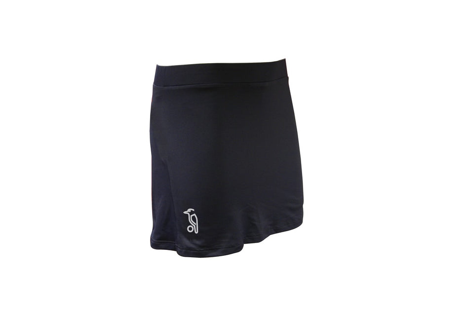 The Kookaburra Minerva Skort is a plain black performance skort by Kookaburra, featuring a small white logo on the lower left, shown against a white background.