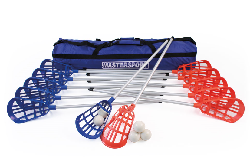 The Mastersport Pop Lacrosse Set includes 12 beginner sticks with red and blue heads, 4 white balls, and a blue carrying bag—ideal for introducing mini or soft lacrosse.