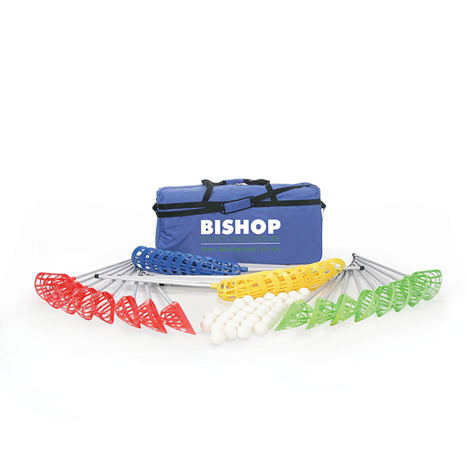 The Mastersport Pop Lacrosse Skills Development Kit includes a blue sports bag and multiple red, blue, yellow, and green lacrosse sticks with white plastic balls, all neatly arranged on a white background.
