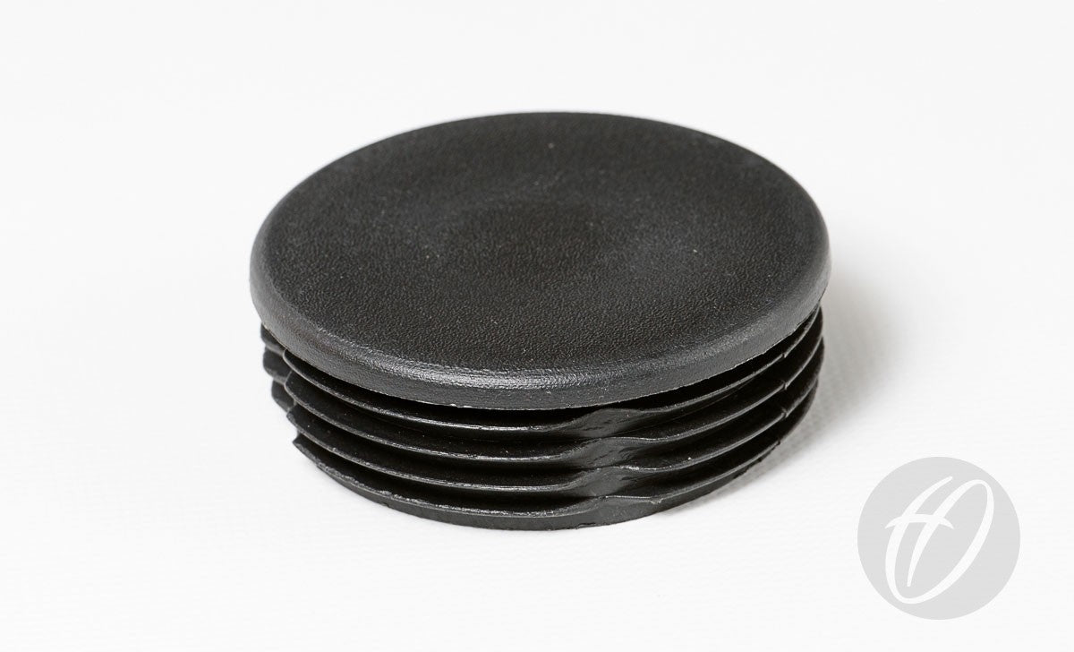 A black, round plastic end cap from Harrod Sport, designed for 70mm Round Goals or Plastic Lids - 70mm Round Sockets, with ribbed sides—shown on a white background.