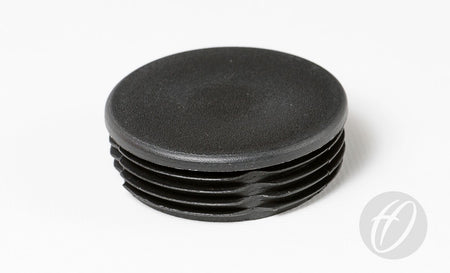 A black, round plastic end cap from Harrod Sport, designed for 70mm Round Goals or Plastic Lids - 70mm Round Sockets, with ribbed sides—shown on a white background.