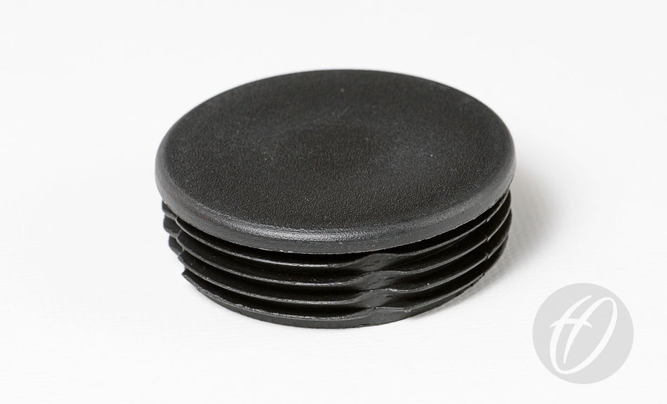 A black, round plastic end cap from Harrod Sport, designed for 70mm Round Goals or Plastic Lids - 70mm Round Sockets, with ribbed sides—shown on a white background.