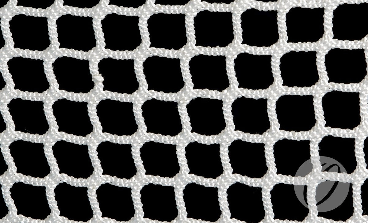 A close-up of a white Harrod Sport Competition Lacrosse Nets 5MM, featuring heavy-duty knotless netting with square holes, set against a black background. The sturdy, twisted material is designed specifically for use with lacrosse goal nets and competition lacrosse goals.