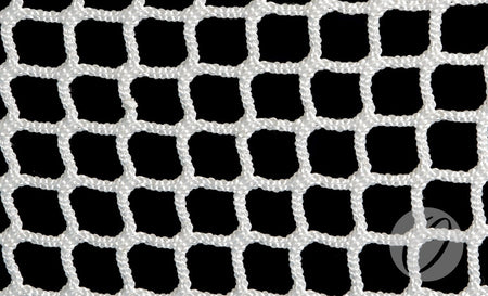 A close-up of a white Harrod Sport Competition Lacrosse Nets 5MM, featuring heavy-duty knotless netting with square holes, set against a black background. The sturdy, twisted material is designed specifically for use with lacrosse goal nets and competition lacrosse goals.