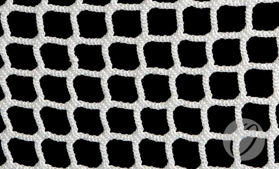 A close-up of a white Harrod Sport Competition Lacrosse Nets 5MM, featuring heavy-duty knotless netting with square holes, set against a black background. The sturdy, twisted material is designed specifically for use with lacrosse goal nets and competition lacrosse goals.