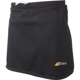 The Grays G600 Junior Skort is a black sports skort with a white elastic drawstring waistband, made from stretch lycra, and features the Grays logo in orange and white at the bottom right.