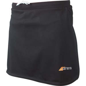 The Grays G600 Junior Skort is a black sports skort with a white elastic drawstring waistband, made from stretch lycra, and features the Grays logo in orange and white at the bottom right.