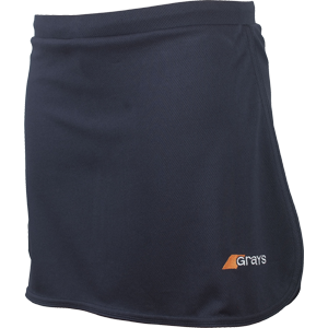 The Grays G600 Junior Skort is a plain navy blue skort with a small orange and white Grays logo near the right hem. Made from stretch lycra, it features an elasticated waistband for comfort all day.