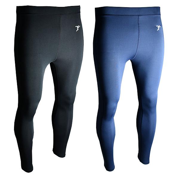 Two pairs of Precision Training Precision Essential Baselayer Leggings Junior—one black, one navy blue—are displayed on featureless mannequins. Each has a small white logo near the left hip and is designed for muscle recovery after intense workouts.