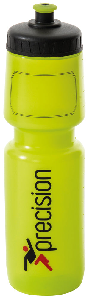 The Precision Training Precision Water Bottle 750ml features a bright yellow-green screw top with a black cap, "precision" printed vertically, and a black and red stylized person graphic on the side.