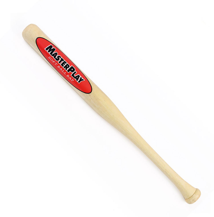 The Masterplay Softball Bat by Mastersport is a light-colored, high-quality wood bat with a red oval MASTERPLAY logo and “SOFTBALL BAT” text on the barrel, shown on a white background—ideal for beginners.