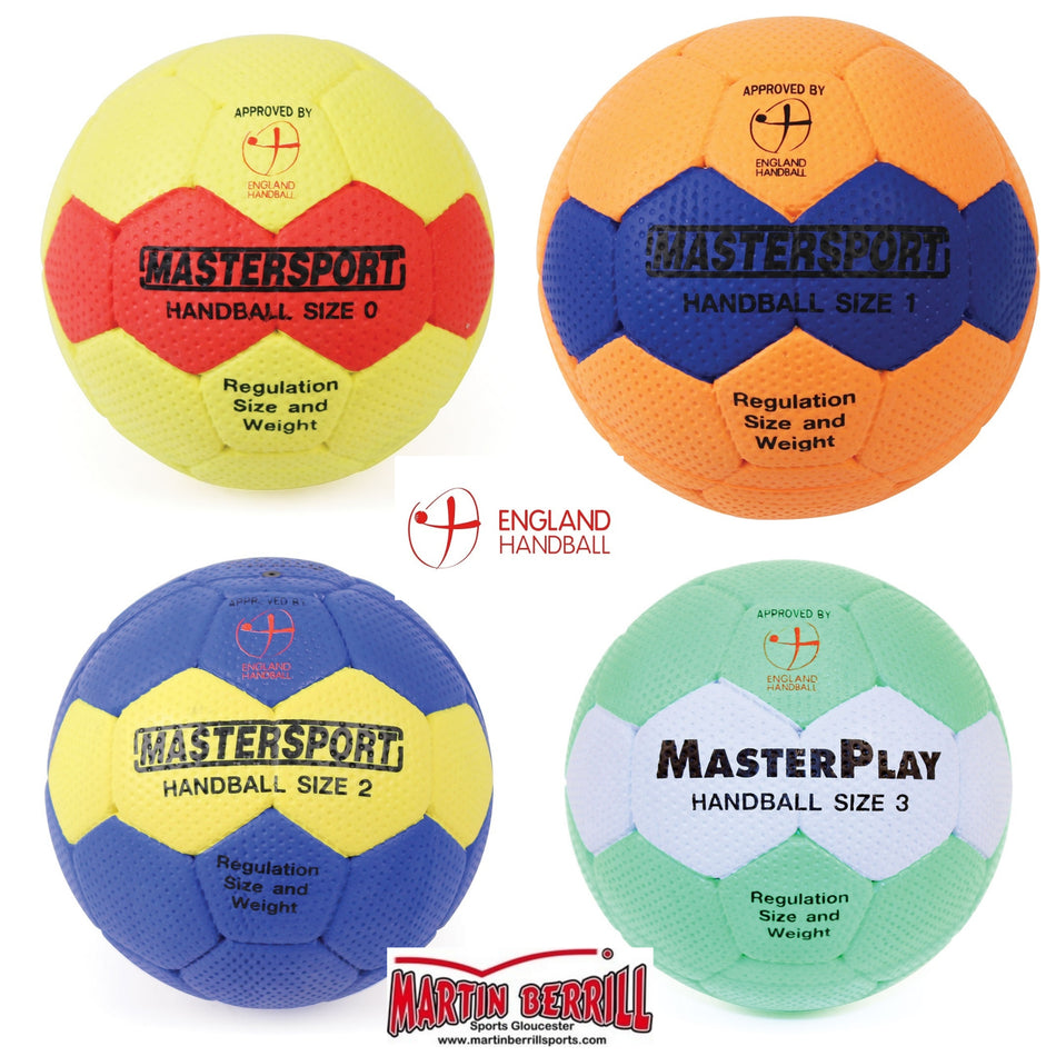 Four vibrant Mastersport Handballs, labeled sizes 0 to 3, with regulation size and weight—perfect for educational use. Features Mastersport branding along with England Handball and Martin Berrill logos.