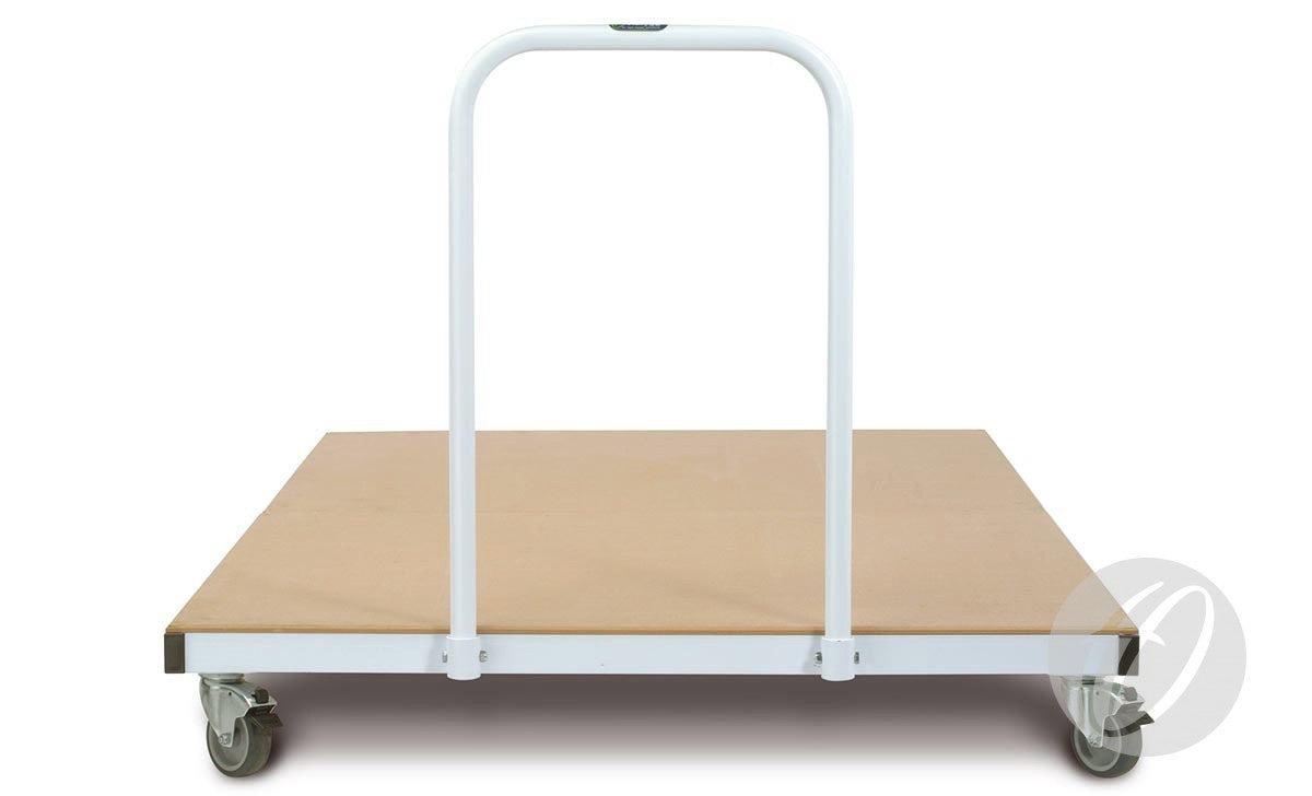 A flat, rectangular Harrod Sport Heavy Duty Flat Mat Trolley 2M x 1.2M (2 Piece) with a metal handle and four swivel wheels, shown from the front against a white background.