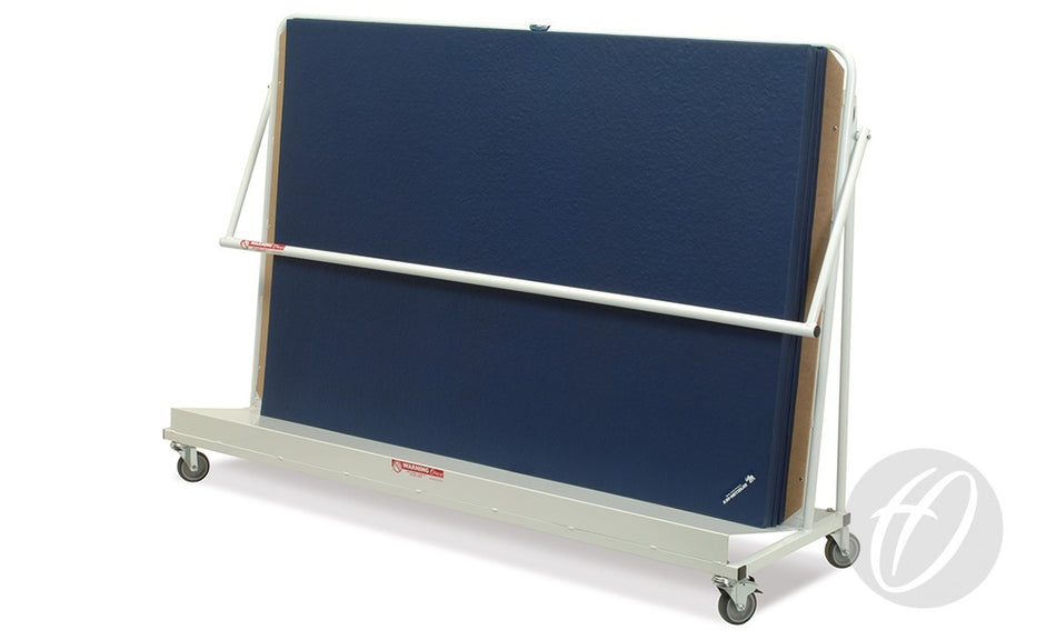 The Harrod Sport Inclined Vertical Trolley stores a blue rectangular folding table upright and features four caster wheels and a handlebar for stable, easy transport—perfect for vertical storage needs.