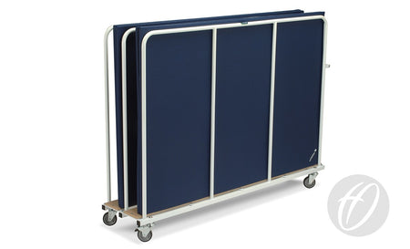 The Harrod Sport Vertical Trolley is a blue, foldable portable room divider with a white metal frame and caster wheels, shown standing on a white background.