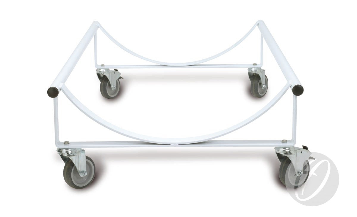 The Harrod Sport Heavy Duty Carpet Trolley is a white metal dolly with four castor wheels and curved bars, ideal for supporting carpets and transporting large round items like tables or tubes.