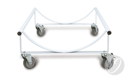 The Harrod Sport Heavy Duty Carpet Trolley is a white metal dolly with four castor wheels and curved bars, ideal for supporting carpets and transporting large round items like tables or tubes.