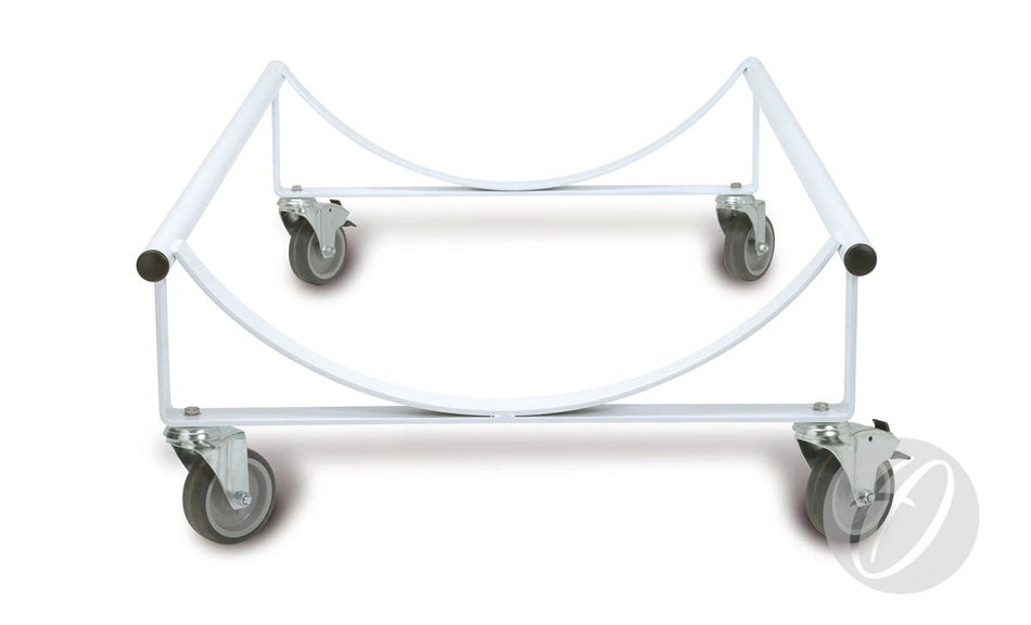 The Harrod Sport Heavy Duty Carpet Trolley is a white metal dolly with four castor wheels and curved bars, ideal for supporting carpets and transporting large round items like tables or tubes.