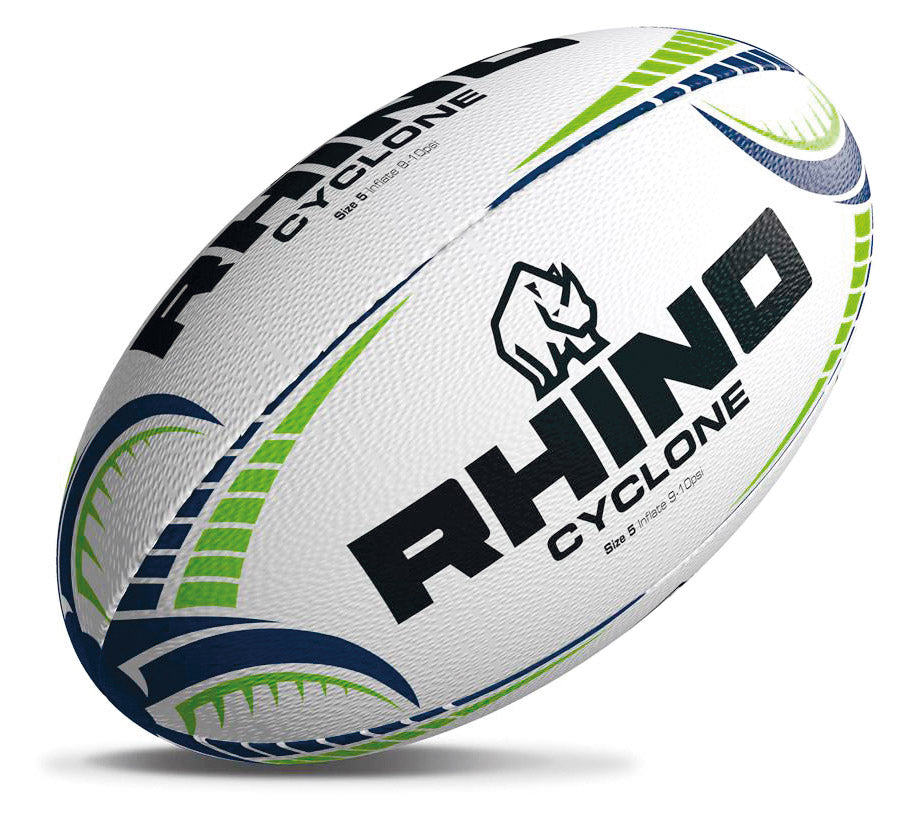 The Rhino Cyclone White Rugby Ball by Rhino features green and blue curved patterns, the black Rhino logo, and printed text. Its 3D grip design offers excellent handling for training sessions.
