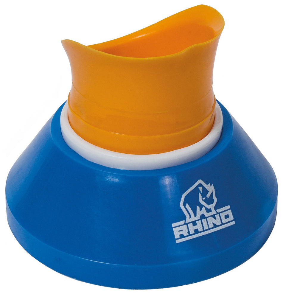 The Rhino Pro Adjustable Kicking Tee by Rhino is a blue plastic tee with a white ring, orange spout, and RHINO logo on the side; it offers variable height adjustments for rugby kicking.