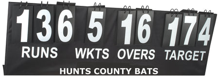 The Hunts County Portable Cricket Scoreboard displays 136 runs, 5 wickets, 16 overs, and a target of 174—perfect for schools and clubs. Hunts County branding at the bottom reflects the quality seen in top cricket scoreboards.