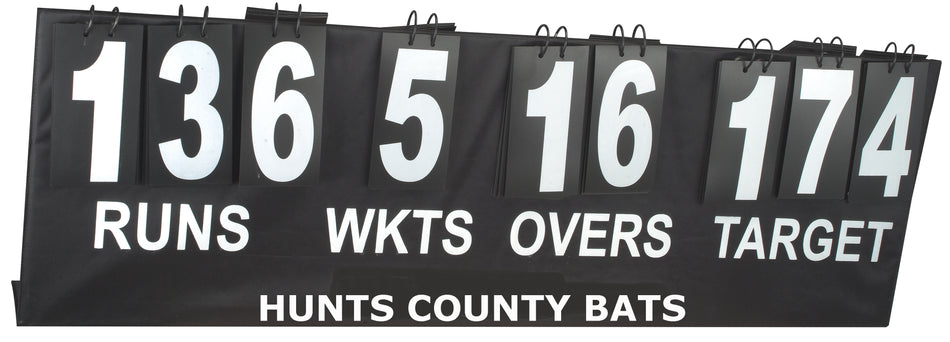 The Hunts County Portable Cricket Scoreboard displays 136 runs, 5 wickets, 16 overs, and a target of 174—perfect for schools and clubs. Hunts County branding at the bottom reflects the quality seen in top cricket scoreboards.
