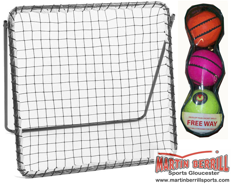 The Hunts County Rebound Net with Freeway Ball Set, featuring a sturdy square metal frame and three colored balls, is shown as an ideal cricket training aid. The Hunts County logo and website appear in the lower right corner.