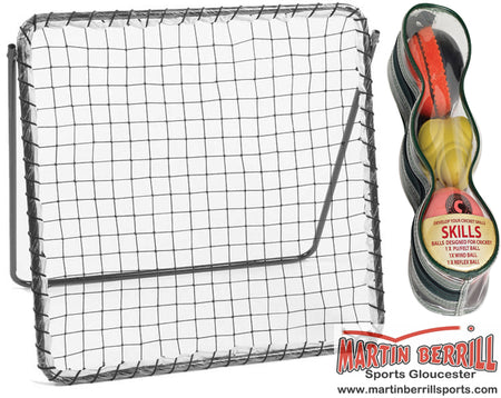 The Hunts County Rebound Net with Skill Ball Set features a square metal frame rebound net next to a plastic pack of three cricket training balls. The image includes the Hunts County brand and Martin Berrill Sports Gloucester logo.