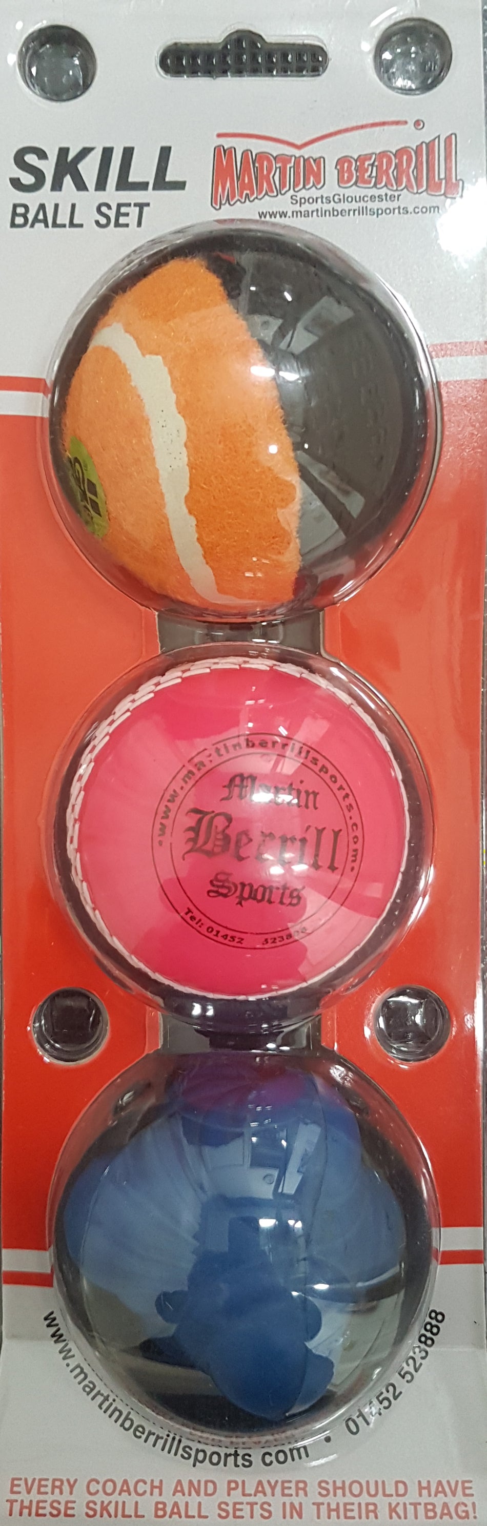 The Martin Berrill Sports Skill Ball Set includes three balls—an orange tennis ball, a pink ball labeled Berrill Sports, and a blue Reaction Ball—in branded packaging displaying the Martin Berrill Sports logo and website.
